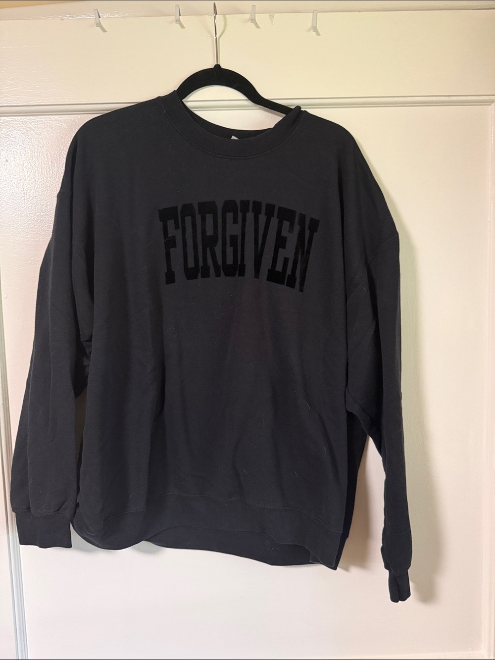 Gildan Black Crewneck Sweatshirt with 'FORGIVEN' Velvet Lettering